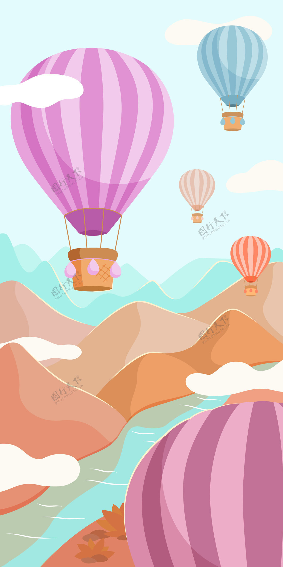 篮子五彩缤纷的气球带着篮子飞过江山飞行高旅行