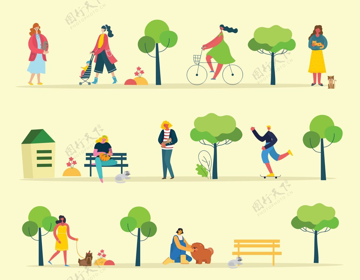人一群人走在公园里的平面风格的插图夏天设置男孩