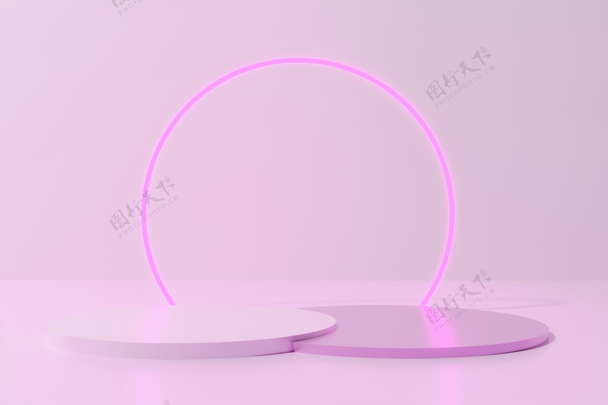 舞台3d渲染粉色圆形讲台 单色背景上有霓虹灯环空白粉彩几何