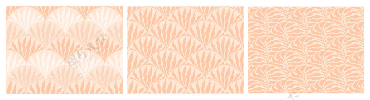 棕榈一套抽象简约的波西米亚风格的无缝图案与手工绘制的点和叶橙色无缝图案抽象