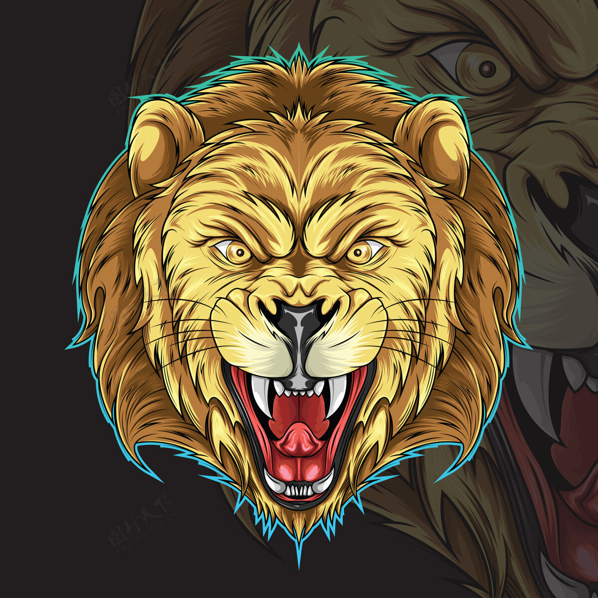 雄性狮子头纹身插图手绘狮子座食肉动物