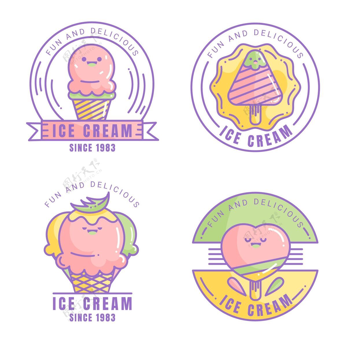 甜点扁平冰淇淋标签系列平面设计美味冷冻食品
