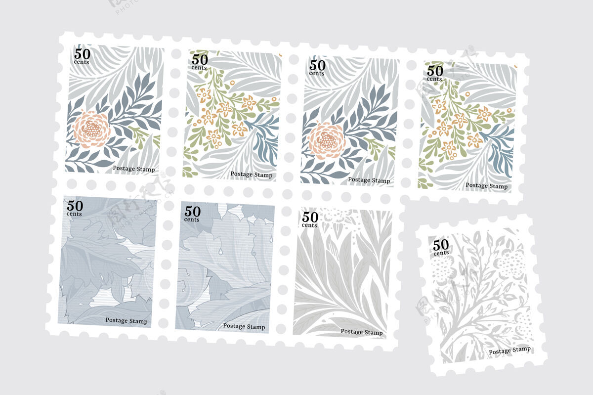 图案威廉·莫里斯图案印花套装植物邮票贴纸