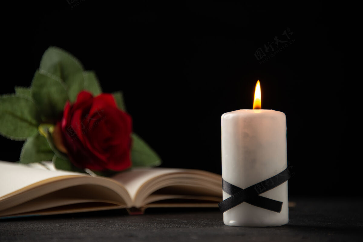 光红玫瑰正面图 黑色上有书和蜡烛红玫瑰葬礼死亡