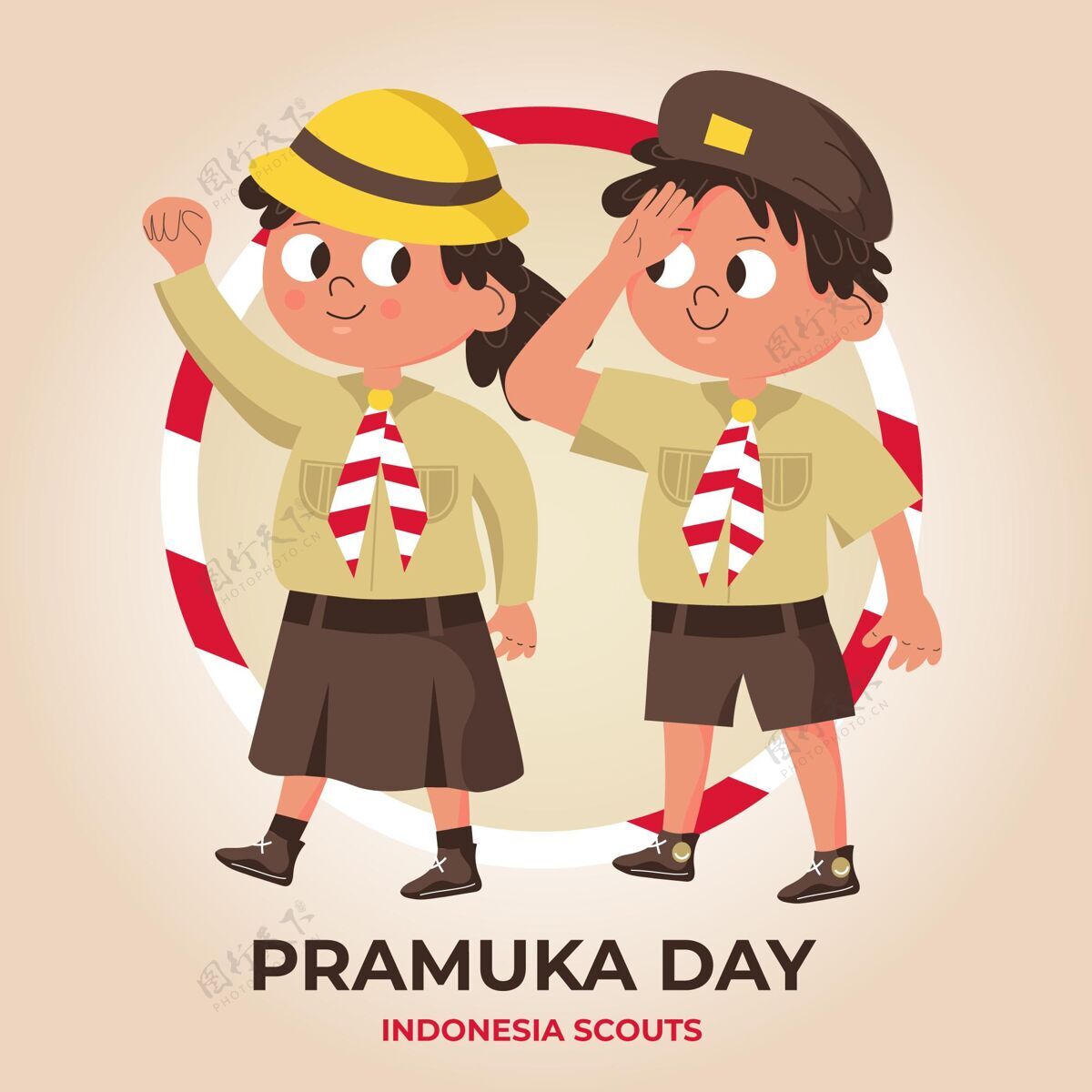 手绘Pramuka日插图童子军印尼8月14日