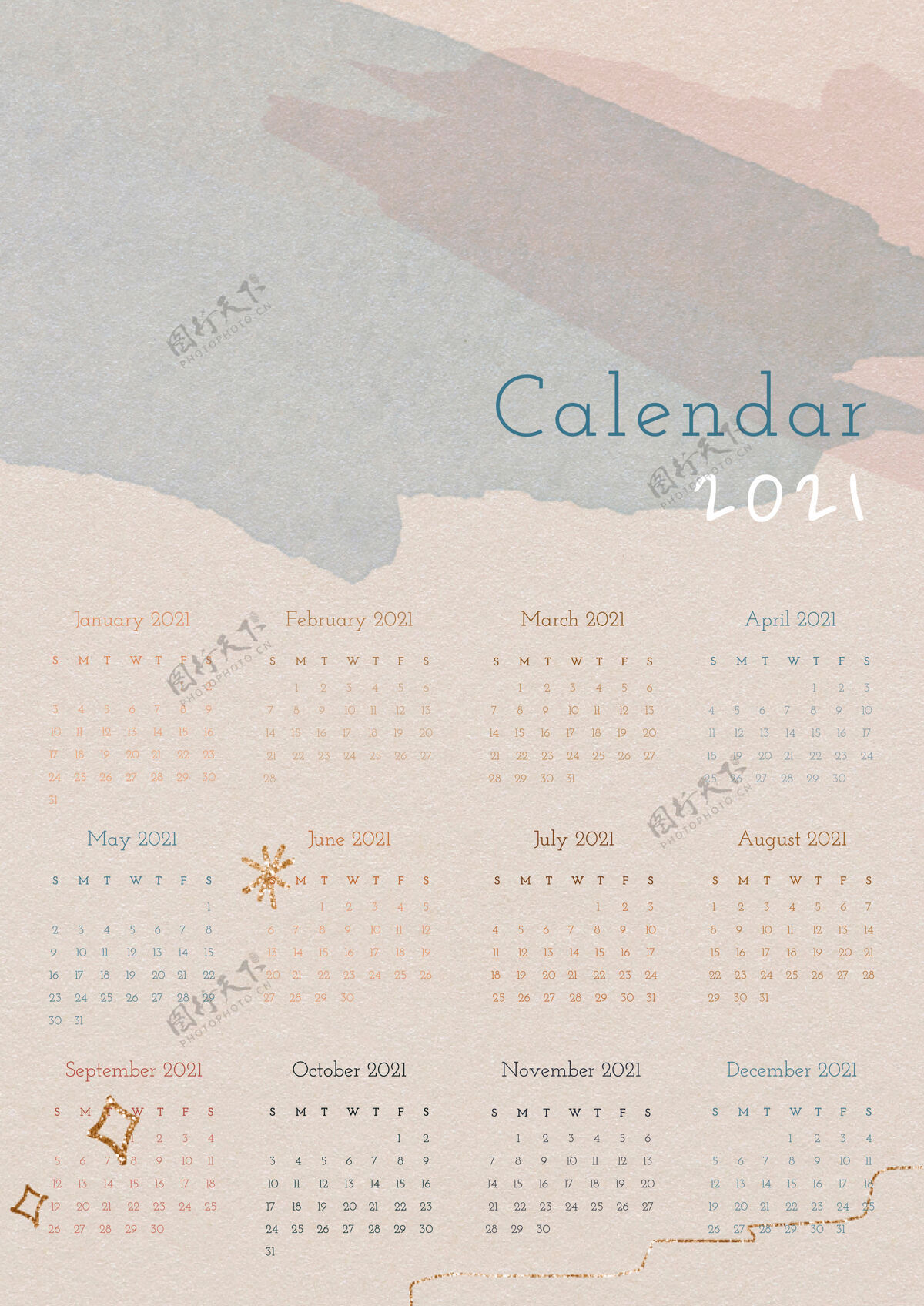 可爱的日历日历2021年与水彩纸纹理模板抽象月日历