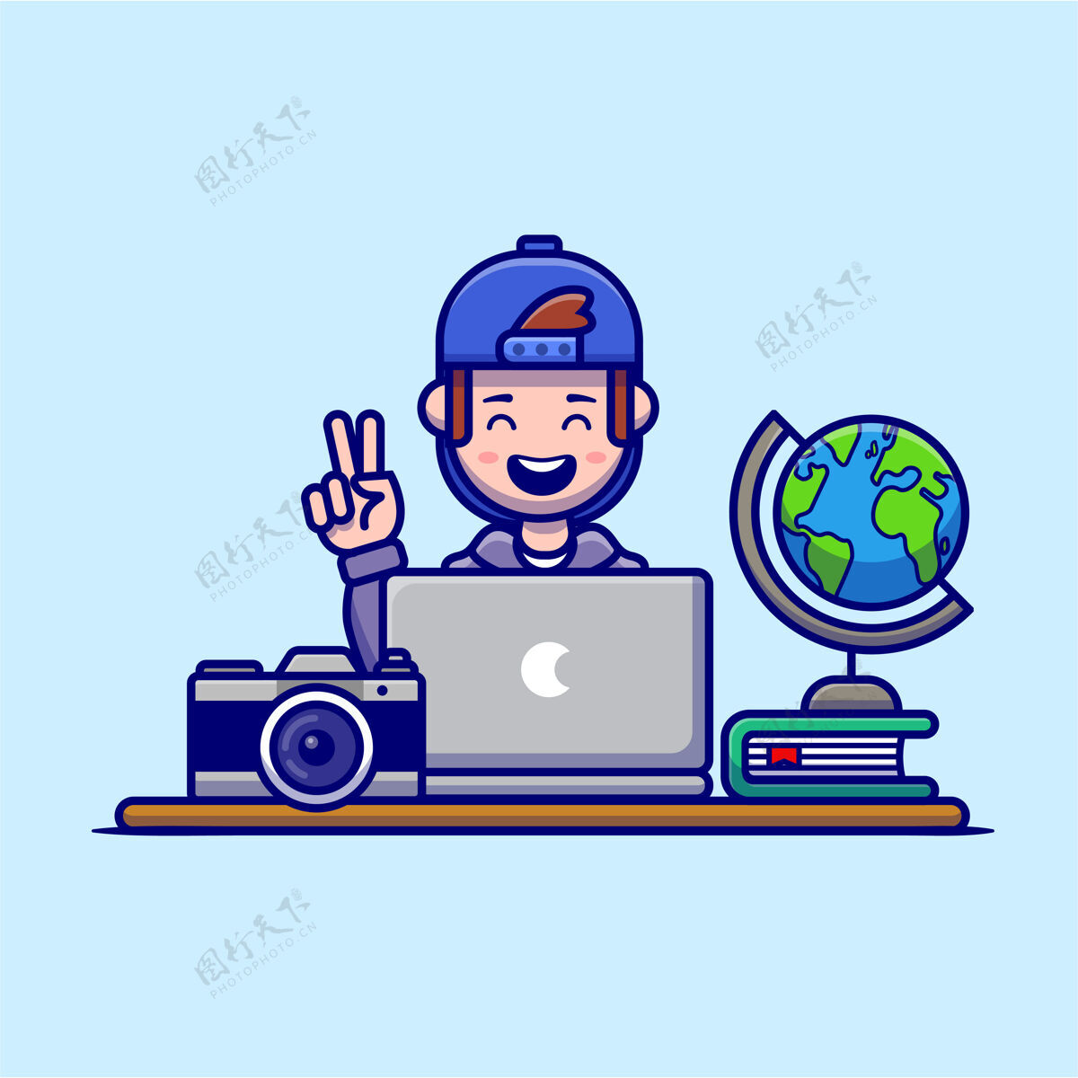 地球仪快乐的人在笔记本电脑上工作卡通人物人技术孤立吉祥物电脑人
