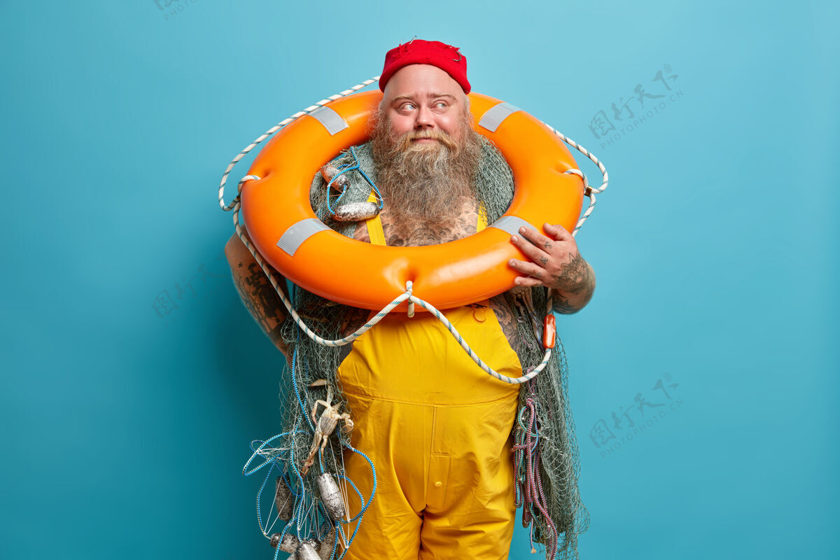 高加索胖胡子男水手会用渔网爱好职业立场