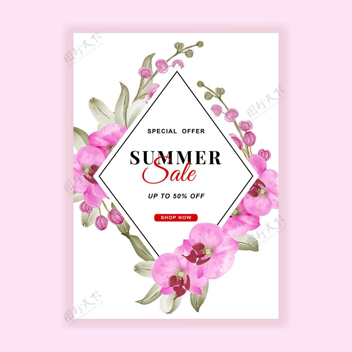 绿化夏季销售横幅传单与兰花粉色水彩画水彩传单横幅模板