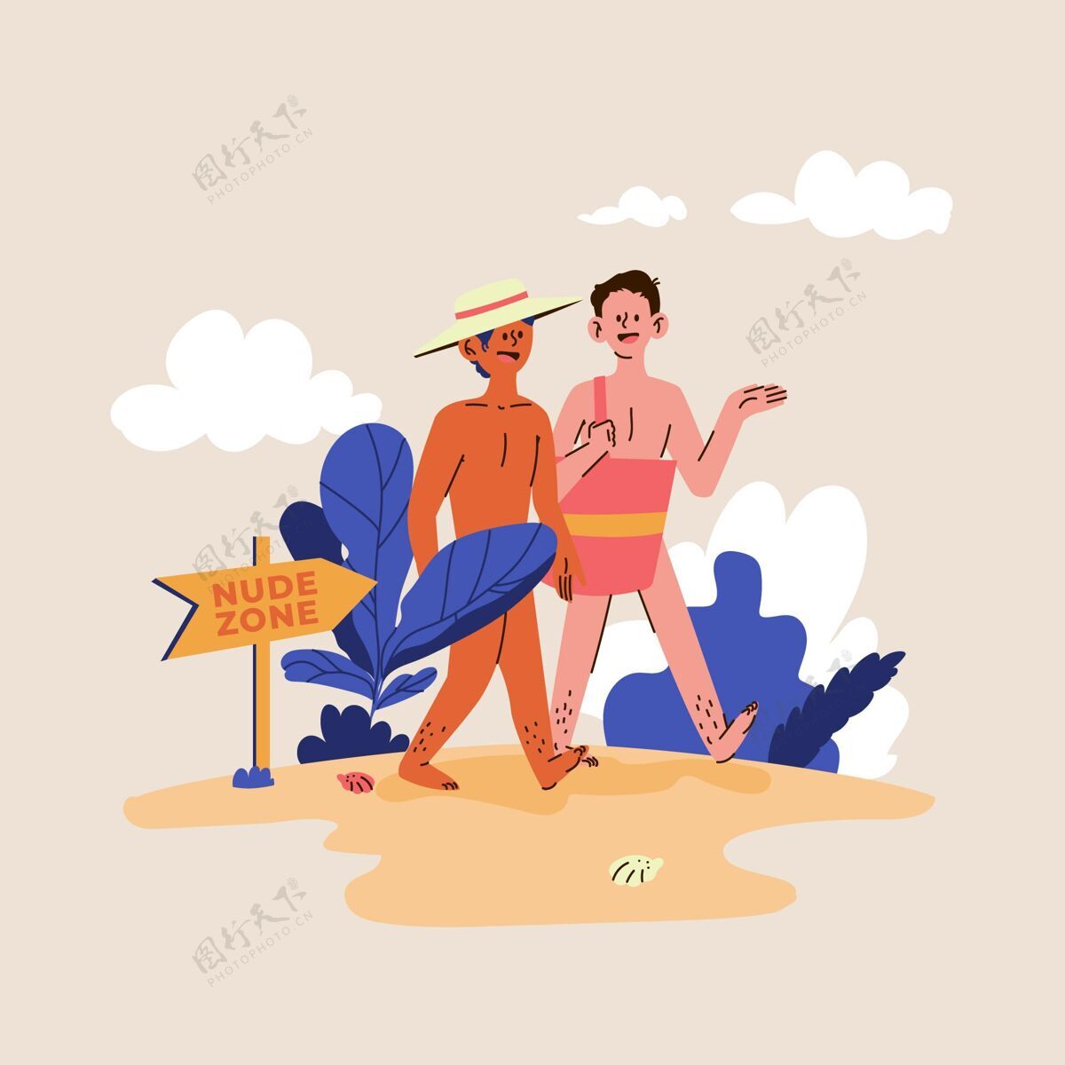 裸体卡通裸体主义概念说明自然季节海滩