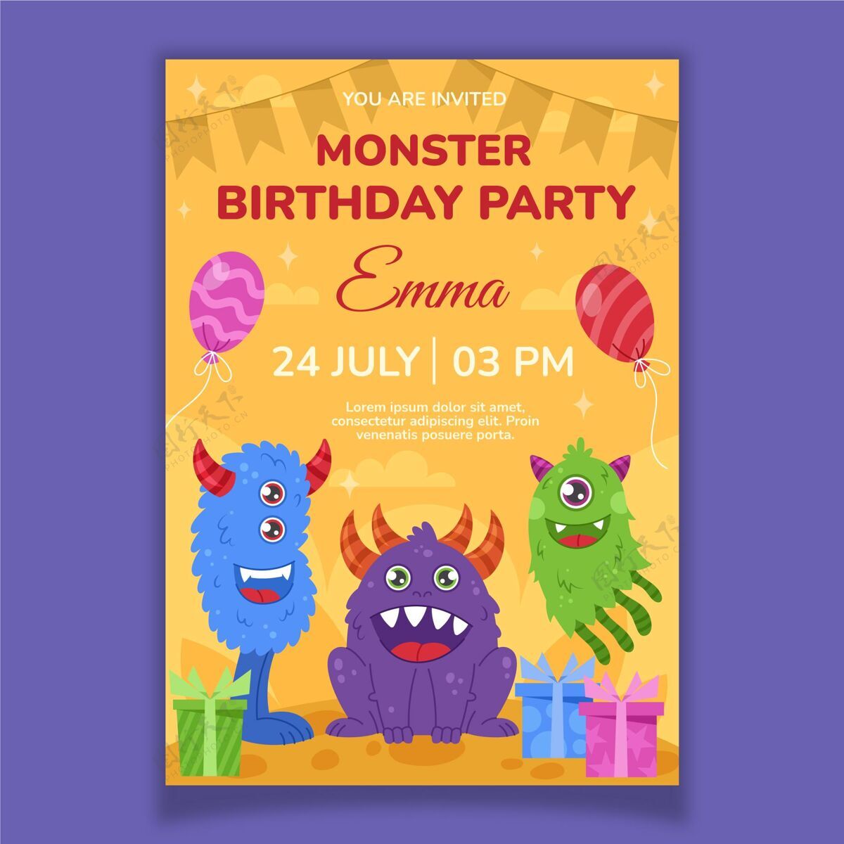 小孩生日派对怪物生日请柬模板请柬模板手绘生日模板