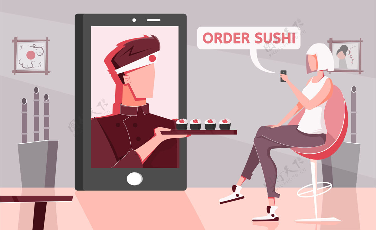 女性寿司在线平面组成与家庭风光和女性人物订购亚洲食品与智能手机屏幕风景屏幕移动