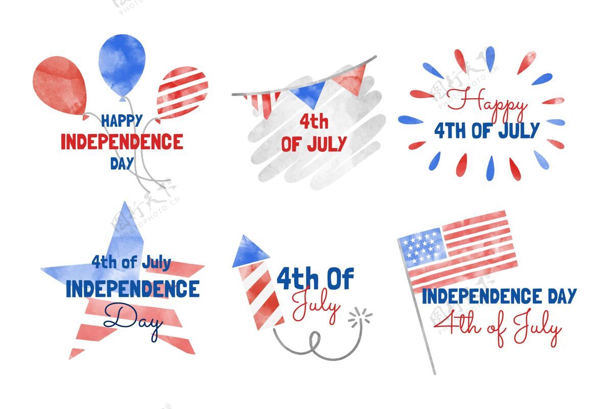 独立宣言手绘水彩画七月四日-独立日徽章收藏美国套装美国