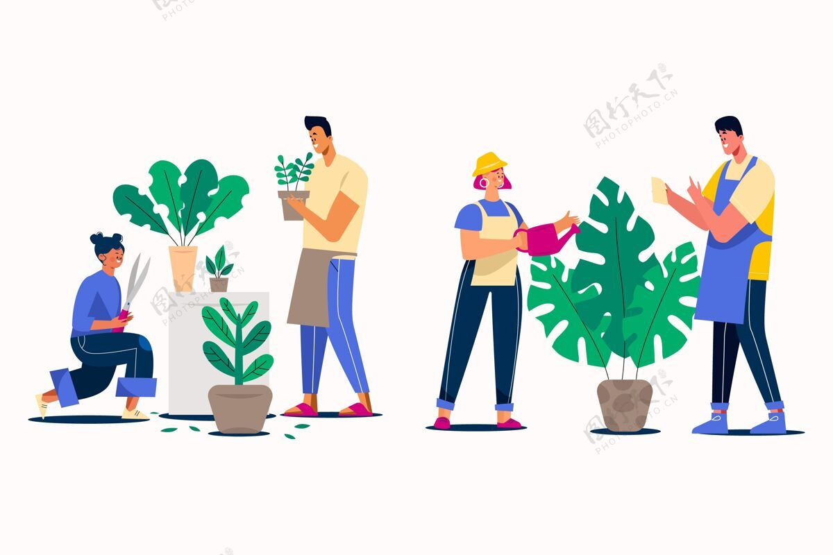 浇水植物人们照顾植物的平面插图五颜六色放松保重