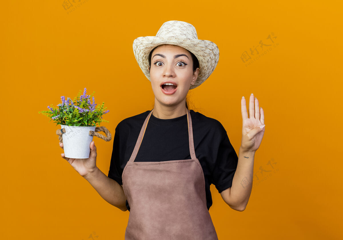 四年轻漂亮的女园丁围着围裙 戴着帽子 手里拿着盆栽植物 惊讶地看着前面 只见四号站在橙色的墙上四四四