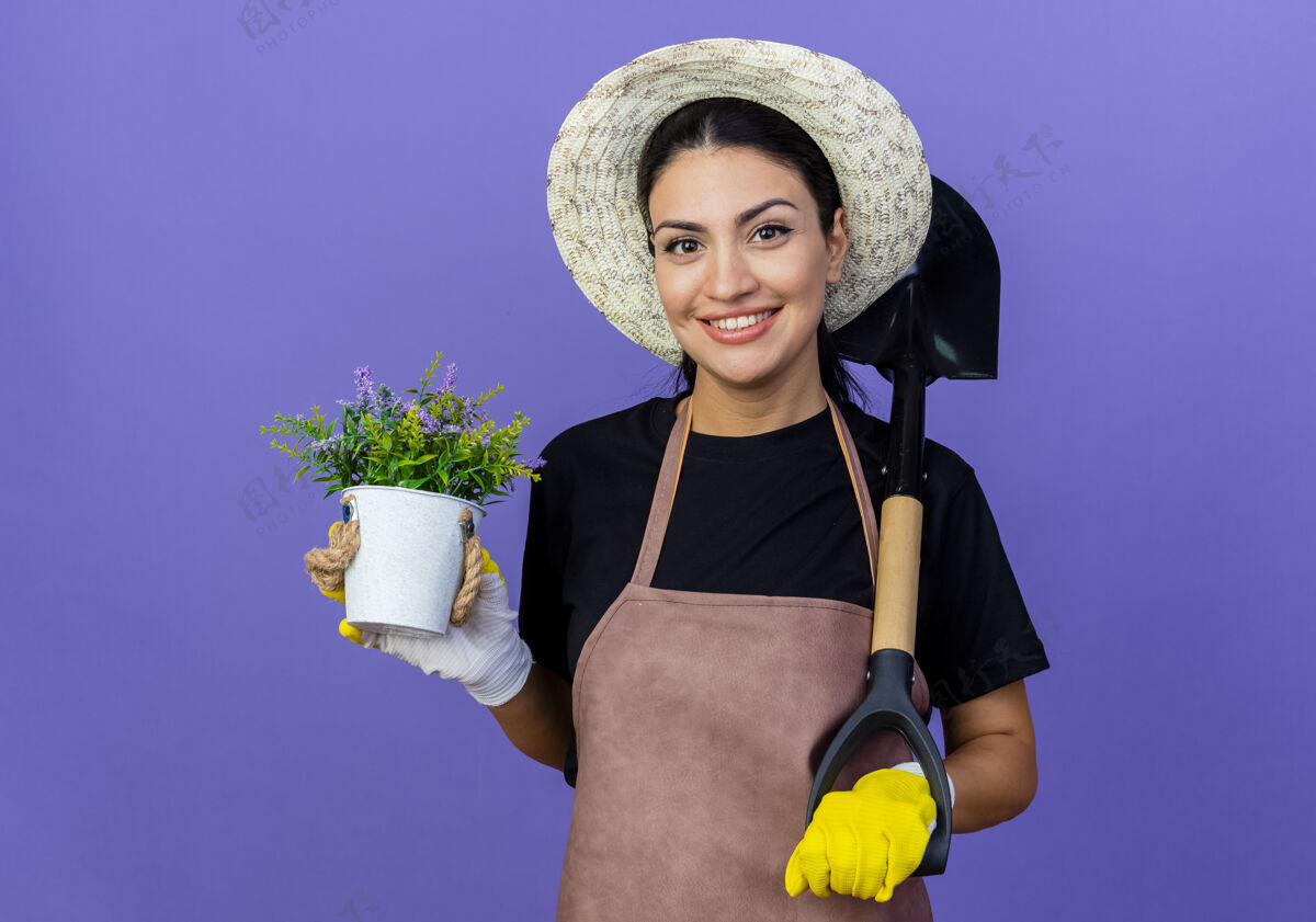 表情年轻漂亮的女园丁 围着围裙 戴着帽子 手里拿着铲子和盆栽 自信地微笑着站在蓝色的墙上感觉人帽子
