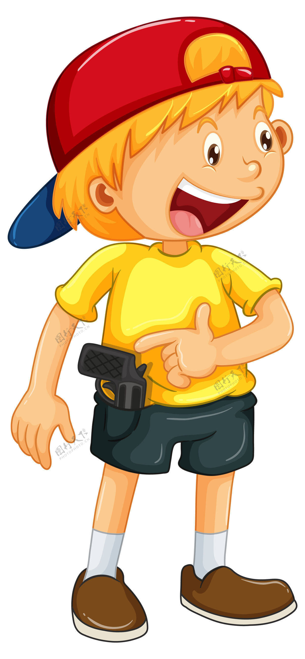武器一个戴着帽子站着的男孩卡通人物孤立可爱手臂射击