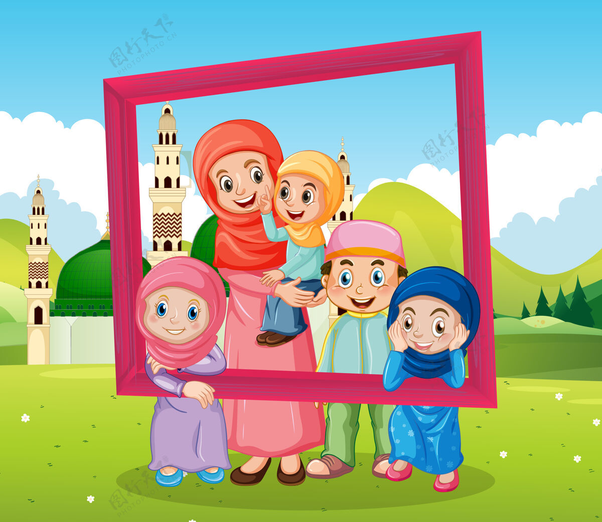 伊斯兰幸福的家庭手持相框与清真寺可爱清真寺年轻