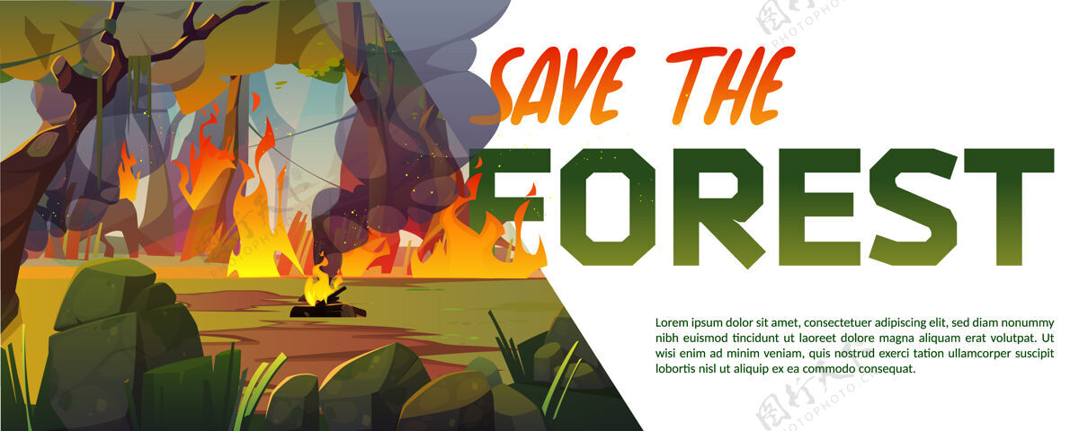 环境拯救森林卡通横幅与火燃烧在森林与熊熊火焰地球危险警告