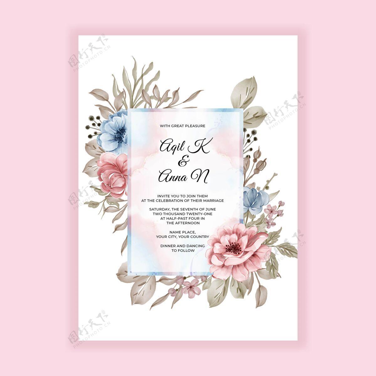 牡丹带粉蓝色花朵的婚礼花框请柬水彩花卉花卉