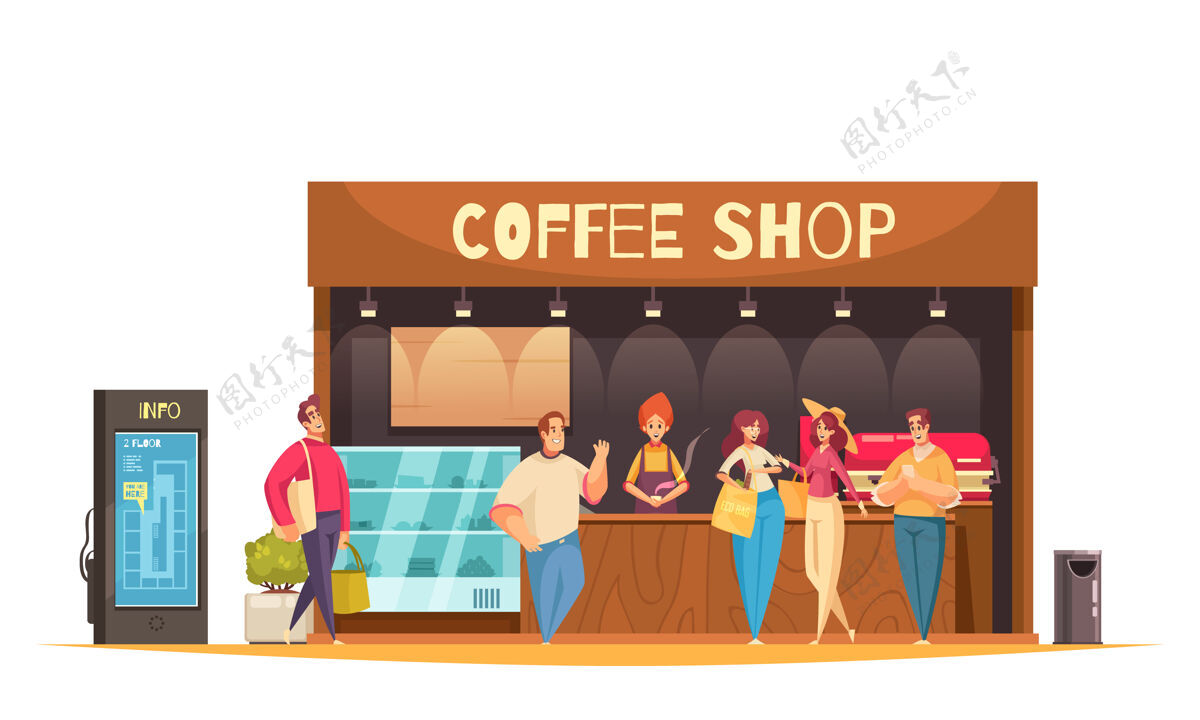 购物购物用彩色和平面构成 咖啡厅和顾客走来走去构图咖啡馆顾客
