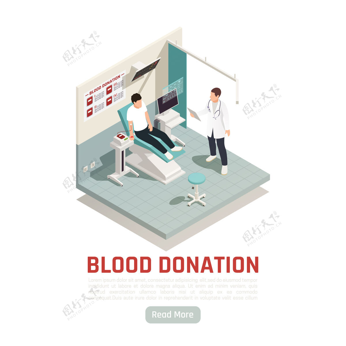 样本文本慈善捐赠志愿等轴测插图与阅读更多按钮和可编辑的文字与献血过程文本志愿者等距