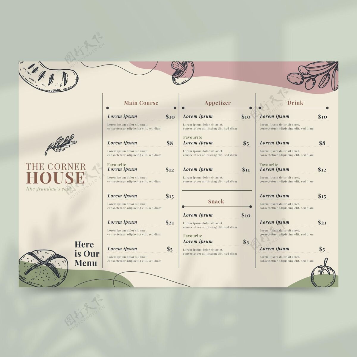 平面设计有机平面乡村餐厅菜单印刷品饮食菜单