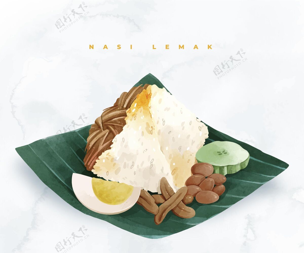 美味手绘水彩画nasilemak美食东方菜马来西亚菜