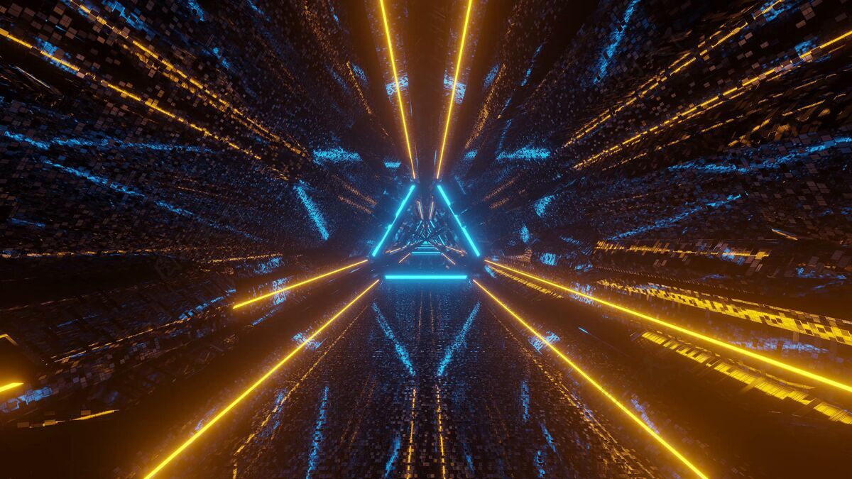 三维未来科幻三角形像素隧道走廊激光照明几何