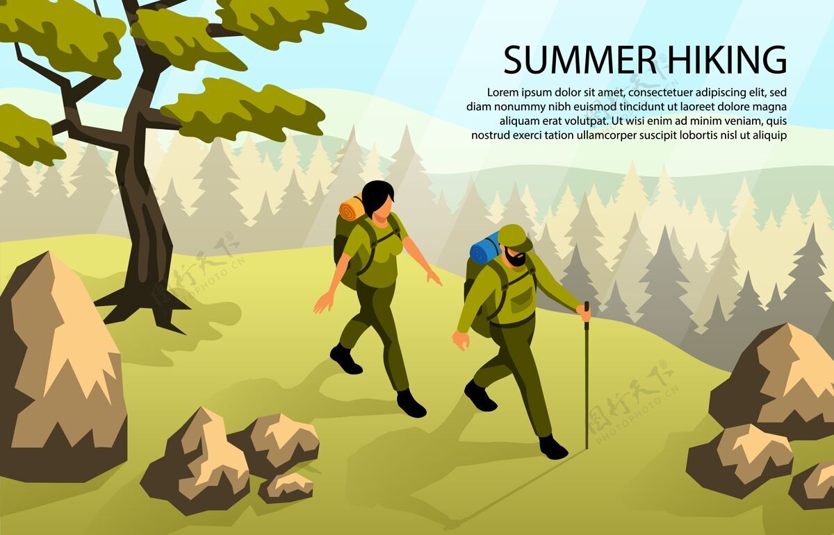 女人男人和女人做露营步行在森林与背包三维水平等距插图等距森林男人