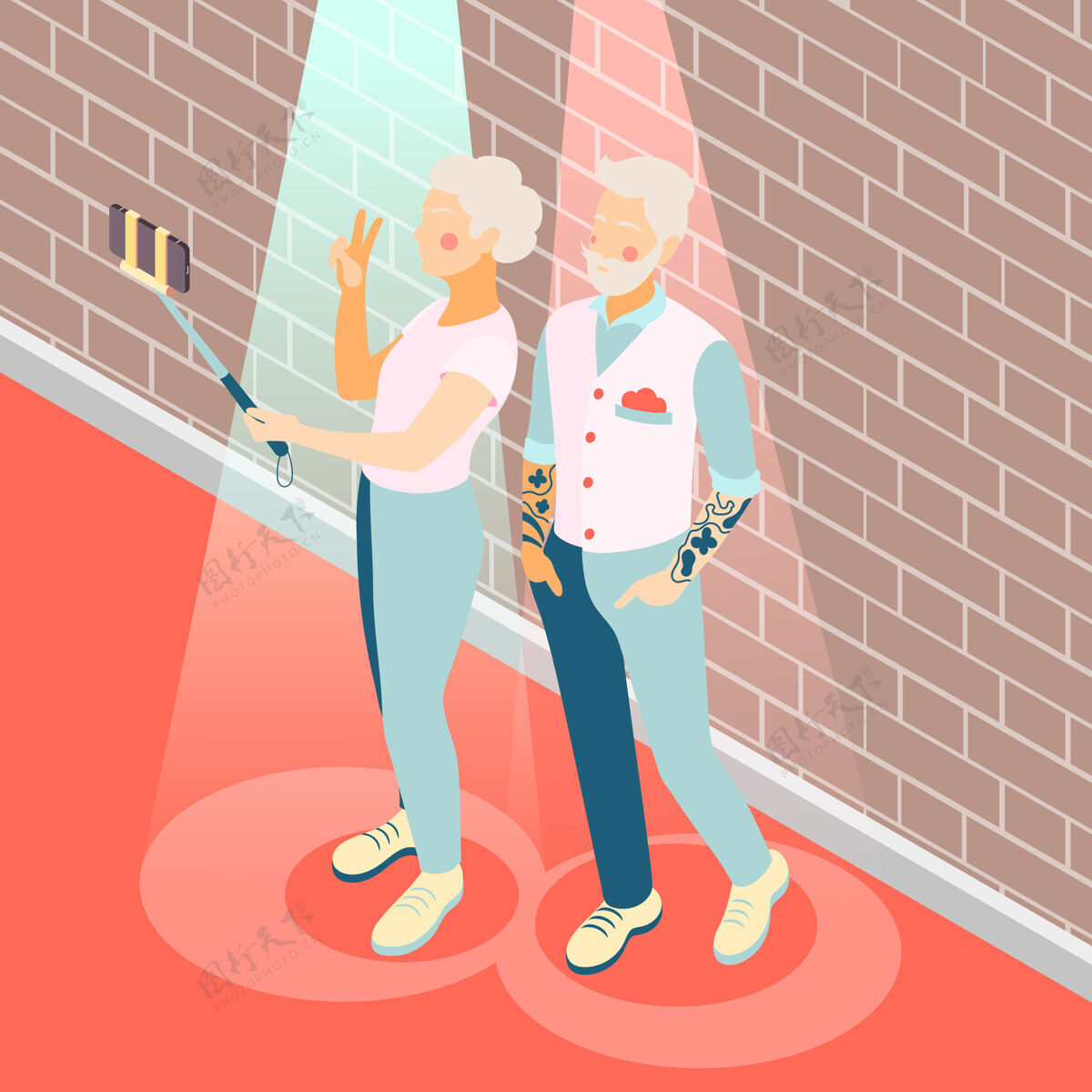 自拍现代老年人等距插图与老年夫妇自拍老年人老年人人