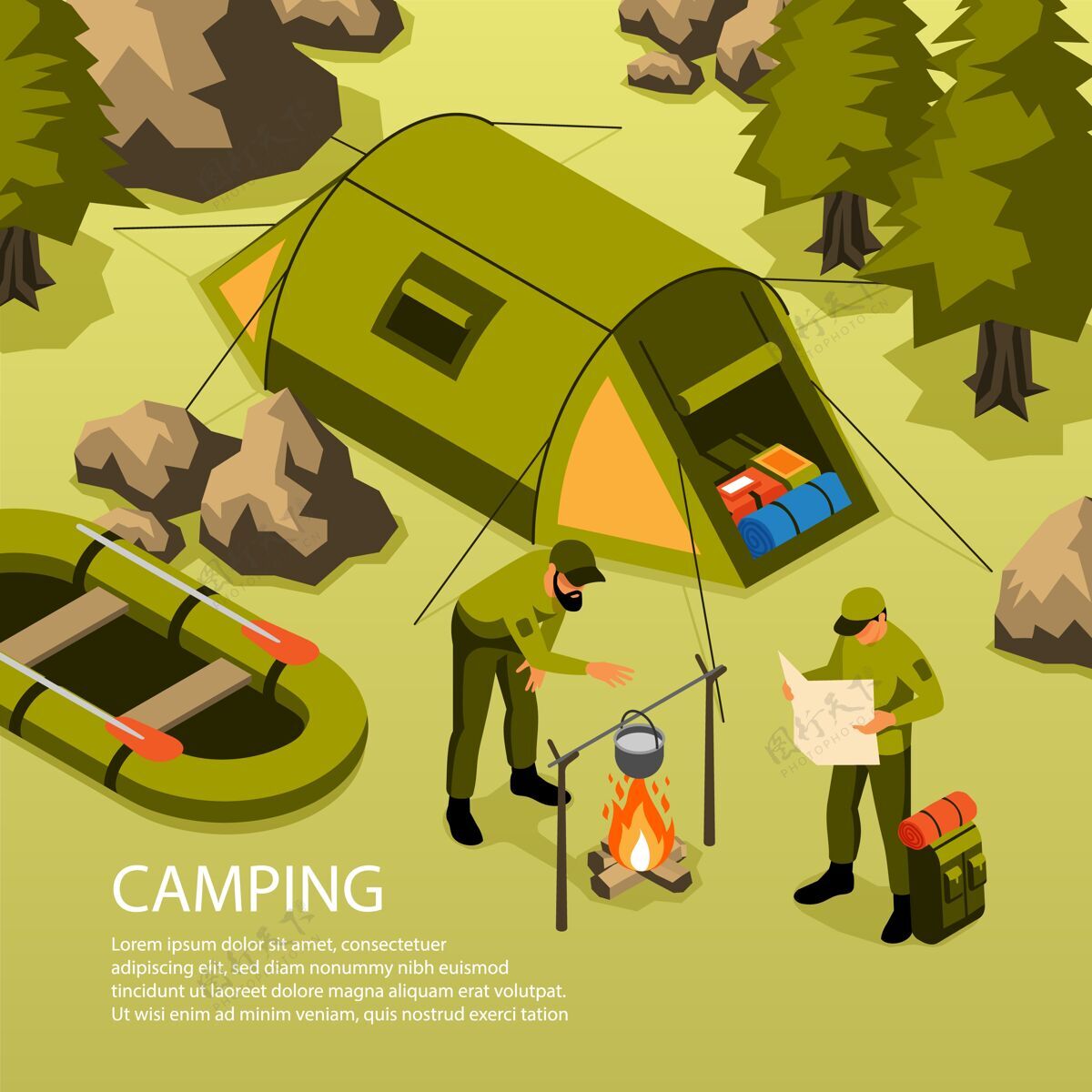 营火暑假野营生存之旅冒险等距组成帐篷船营火烹饪森林烹饪森林组成