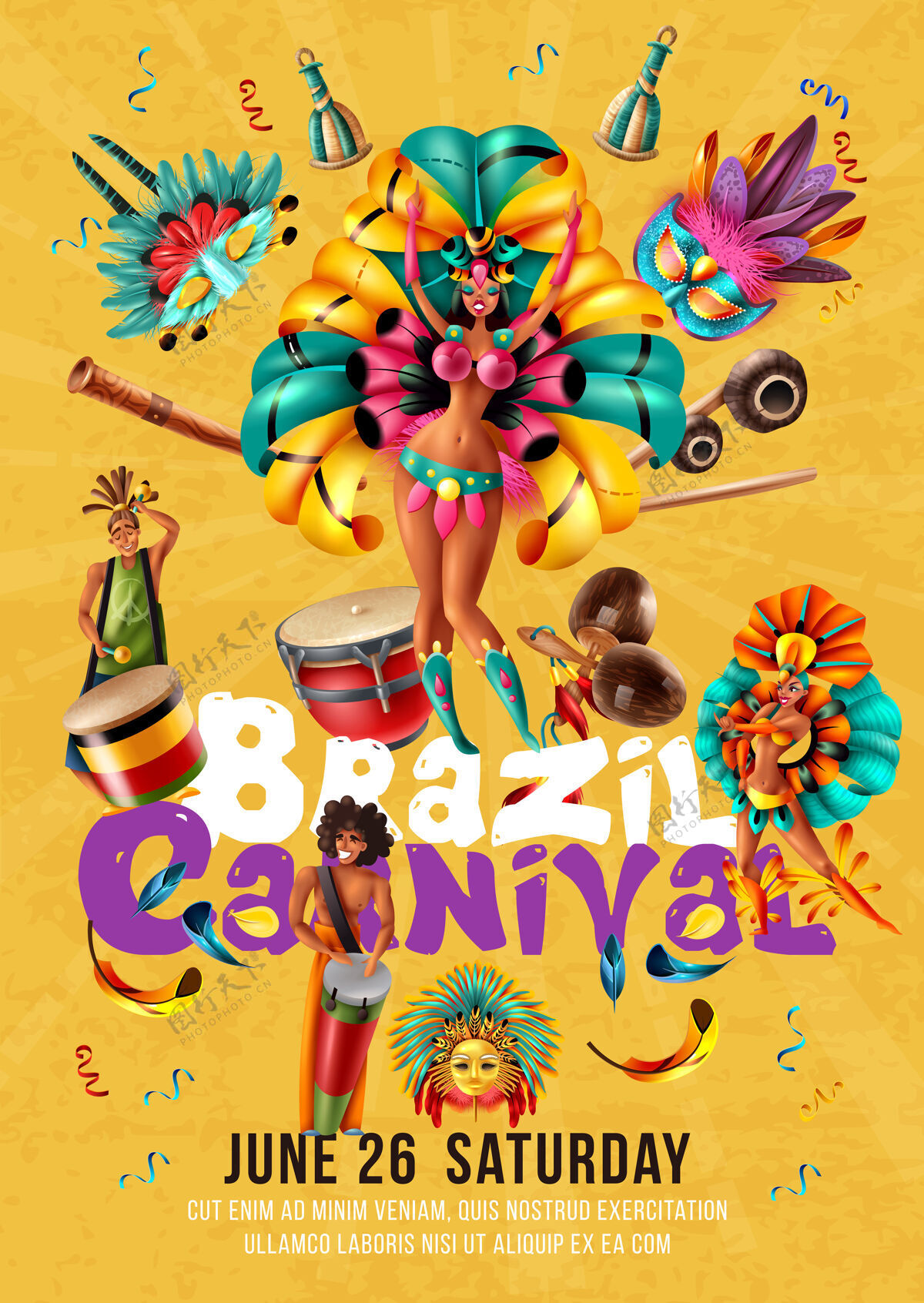 黄色巴西嘉年华海报与舞者 音乐家和面具插图写实传统音乐