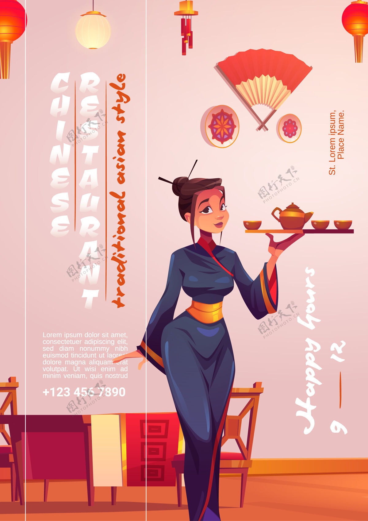 杯子中国餐厅卡通海报 亚洲女人穿着传统和服 托盘上有锅和杯子房子瓷器咖啡馆