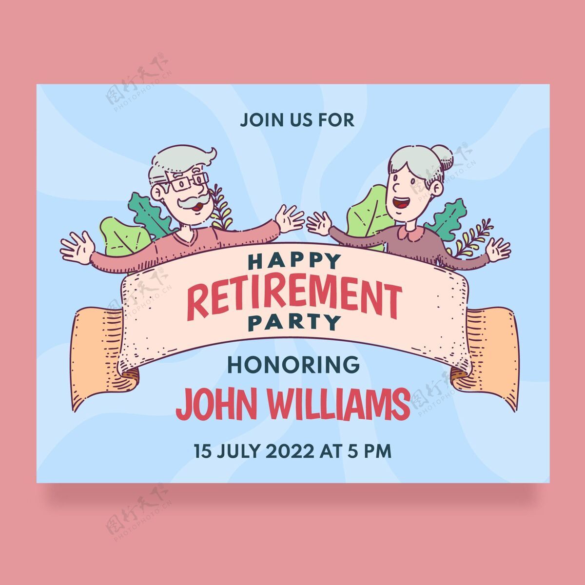 老年人手绘创意退休贺卡平面设计养老金老年人