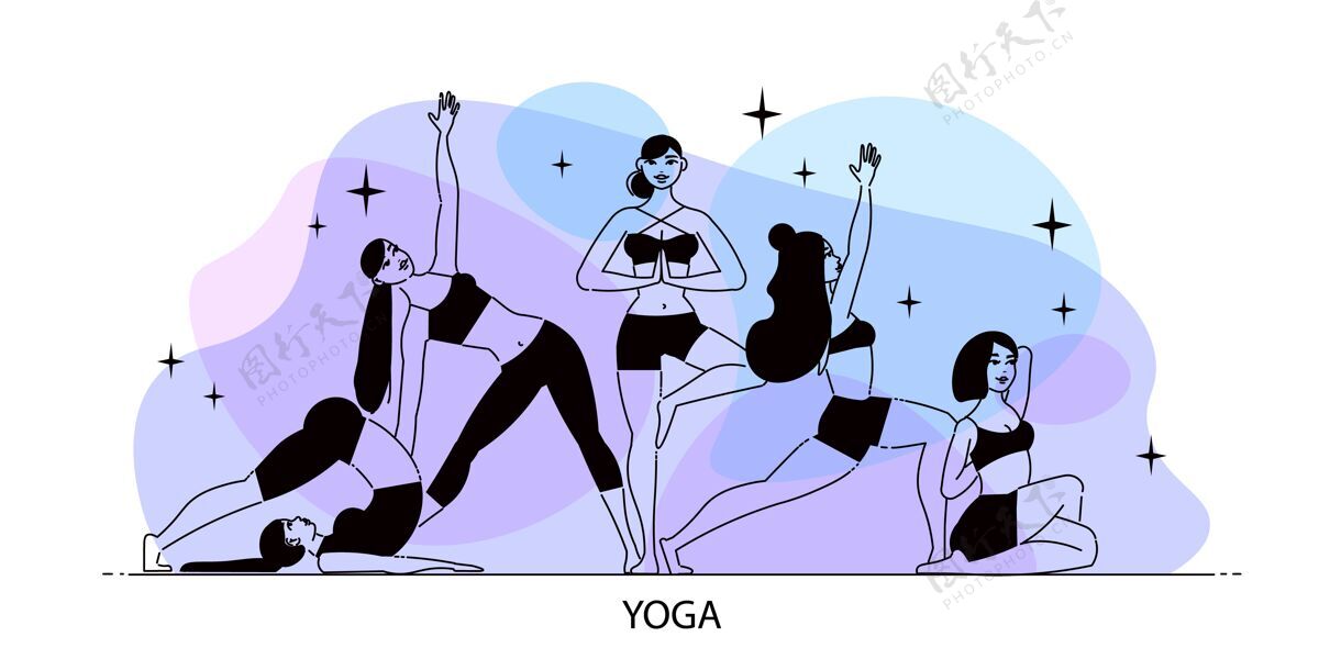 运动员线条艺术女性瑜伽构图以明星和女性人物的元素为梯度锻炼姿势健美操