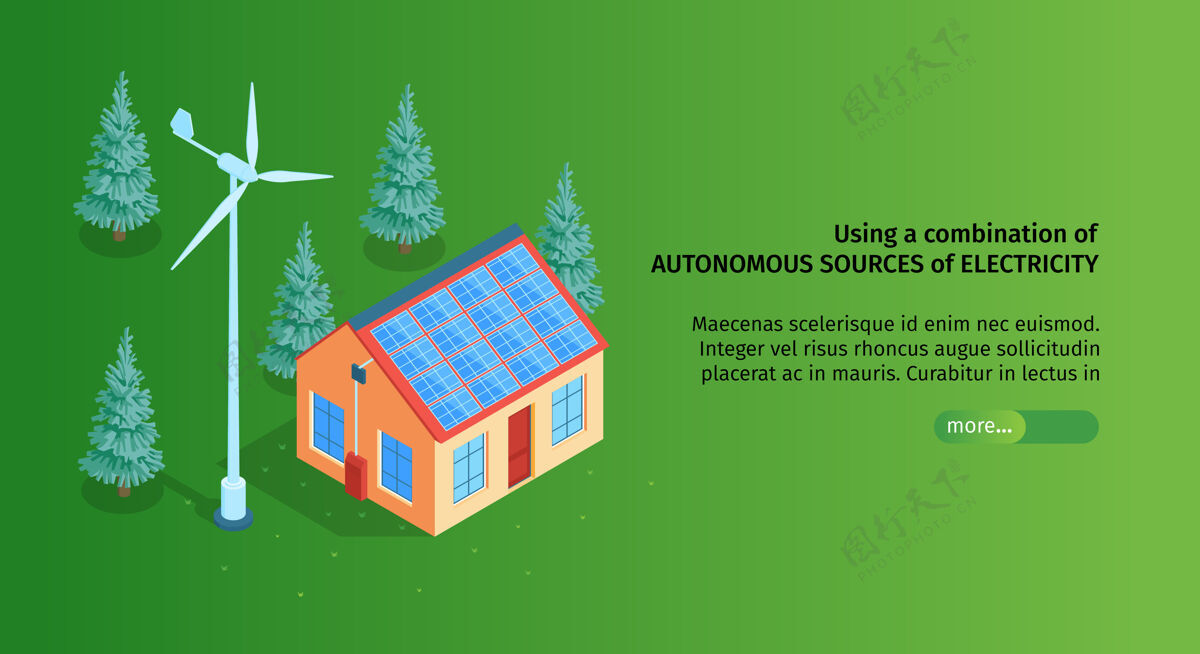 水平等距绿色能源横幅与滑块按钮可编辑的文本和森林中的智能房子的图像太阳能电池板呼吁行动太阳能