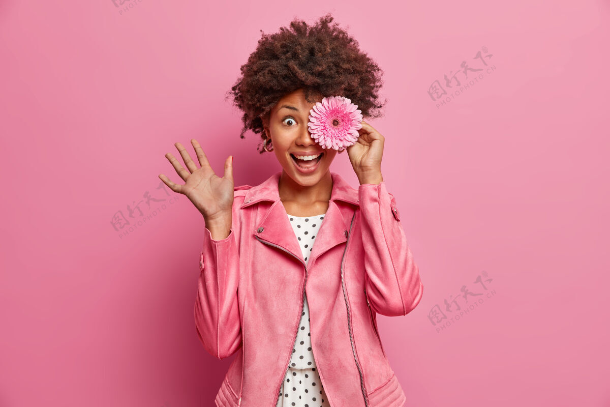 乐观积极的卷发女人有花店生涯 携带粉红色非洲菊 用花遮住眼睛 穿着时髦的夹克 在室内摆姿势 到处乱搞 享受愉快的气味开花 芬芳盖牙齿满意