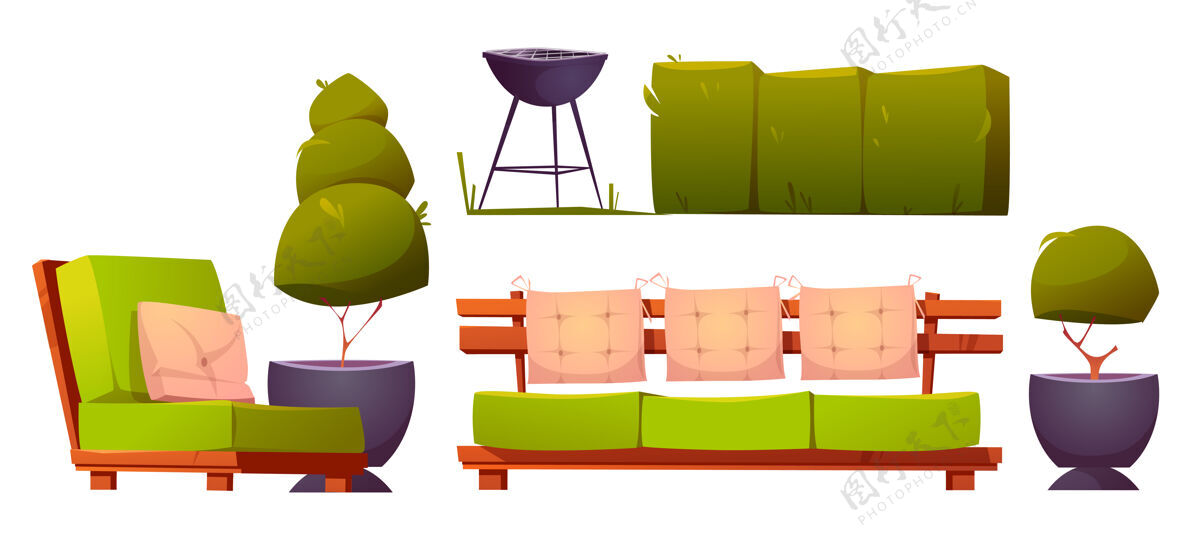 公园后院或露台的家具 带烧烤炉室外灌木放松