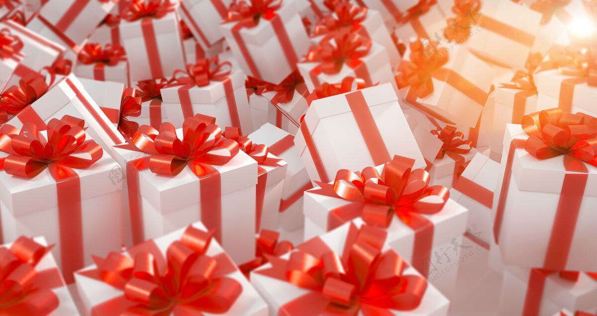 节日一堆带红丝带的白色礼盒奢侈品礼物购物