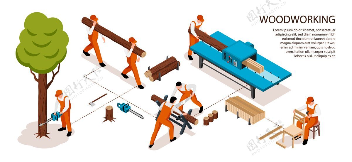 木工等距锯木厂木工水平信息图形与可编辑的文本和流程图组成的工人在工作过程中等轴测组成过程