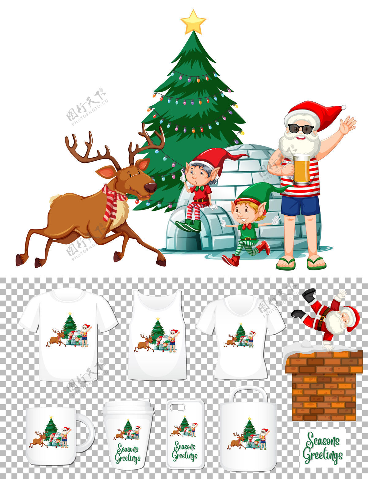 天气圣诞老人在夏季服装卡通人物与一套不同的服装和配件产品的透明背景许多圣诞老人人物