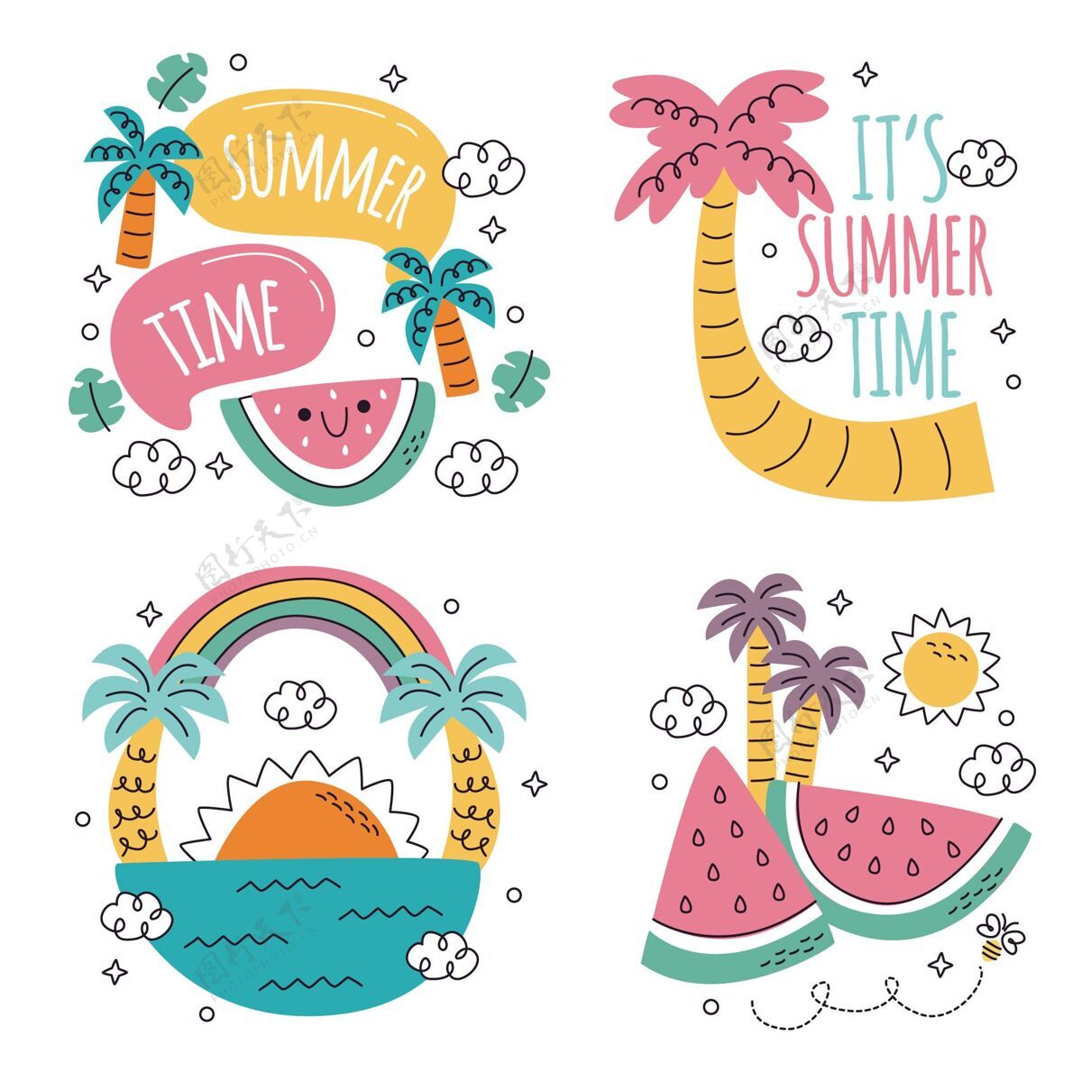 夏季涂鸦手绘夏季贴纸收集季节徽章夏季
