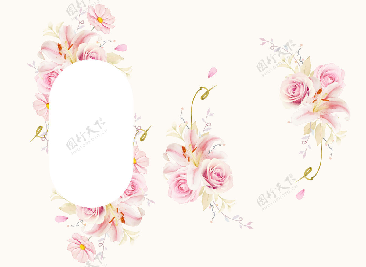 套装美丽的花卉框架与水彩粉红玫瑰百合和马蹄莲优雅花朵花卉