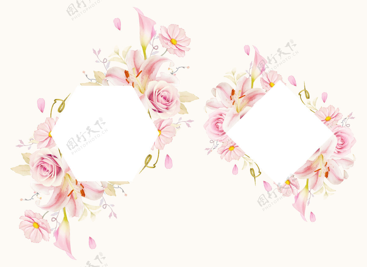 绿色美丽的花卉框架与水彩粉红玫瑰百合和马蹄莲玫瑰花卉乡村