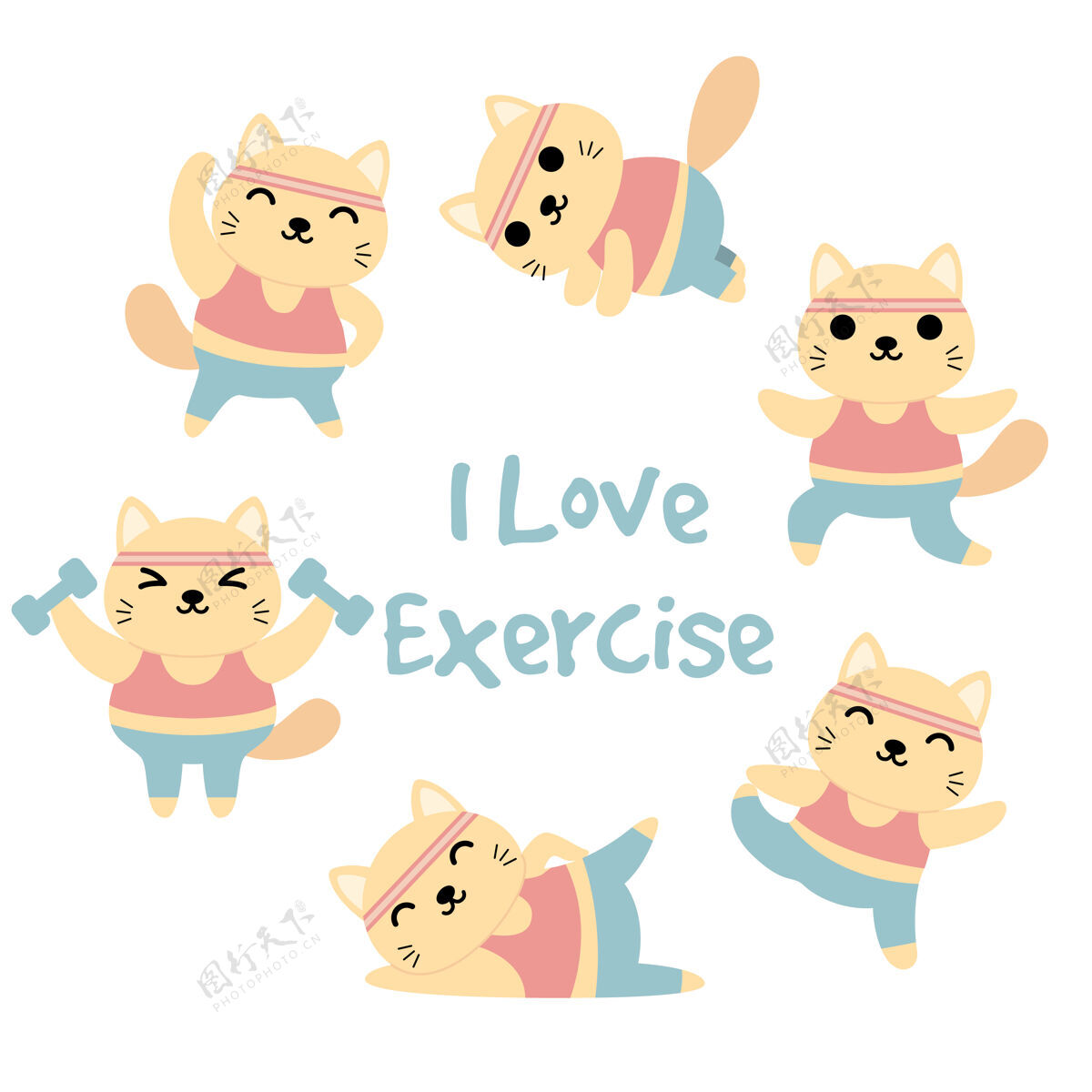 快乐一套有趣的猫做运动活动 体操 瑜伽 锻炼人物休闲快乐