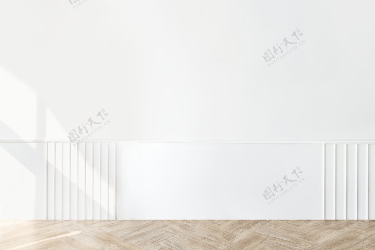 背景纯白的墙和拼花地板普通最小拼花地板