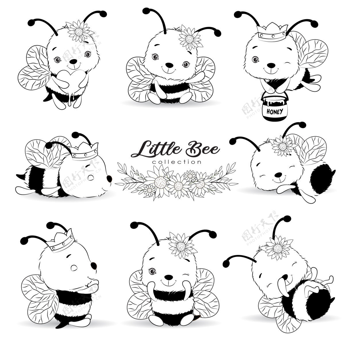 动物可爱的小蜜蜂摆出轮廓收集素描新生儿搞笑