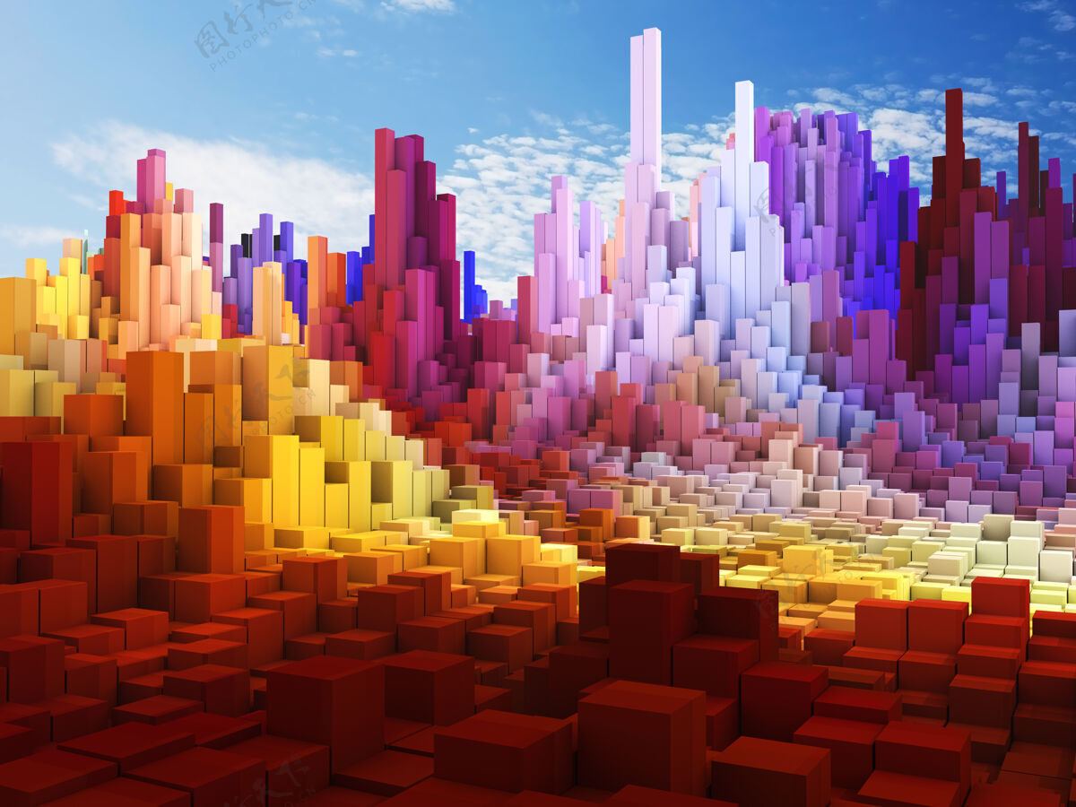 形状一个抽象立方体景观在蓝天背景下的三维渲染正方形技术三维渲染