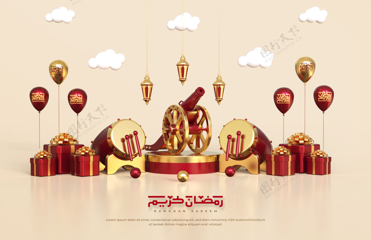 3d渲染伊斯兰斋月的问候 与3d传统鼓 大炮 礼品盒和阿拉伯灯笼组成阿拉伯语卡里姆神圣